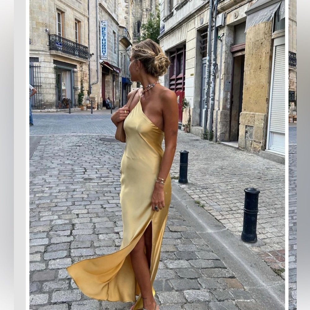 One shoulder baby yellow satin dress